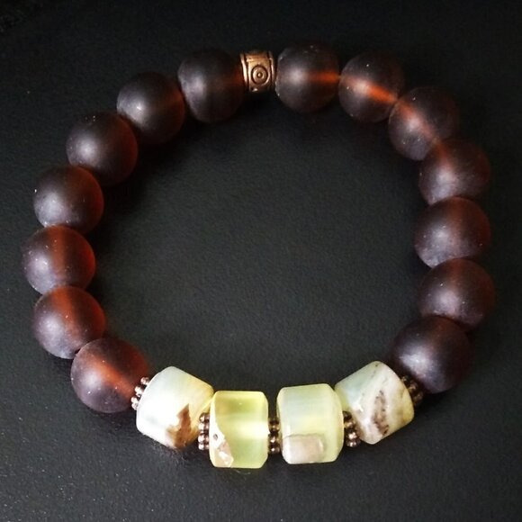 Gorgeous Primal Rustic ~ Recycled Brown Glass Beads + Pale Green Agates ~ Pick 1 - Picture 1 of 9